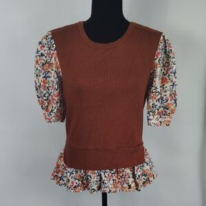 Anthropologie Layered Look Floral Puff Sleeve Peplum Top